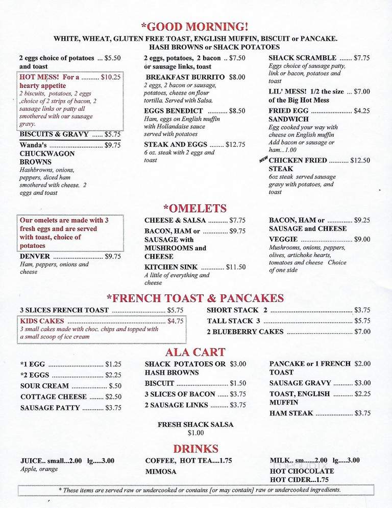Shack - Twin Bridges, MT menu_pic
