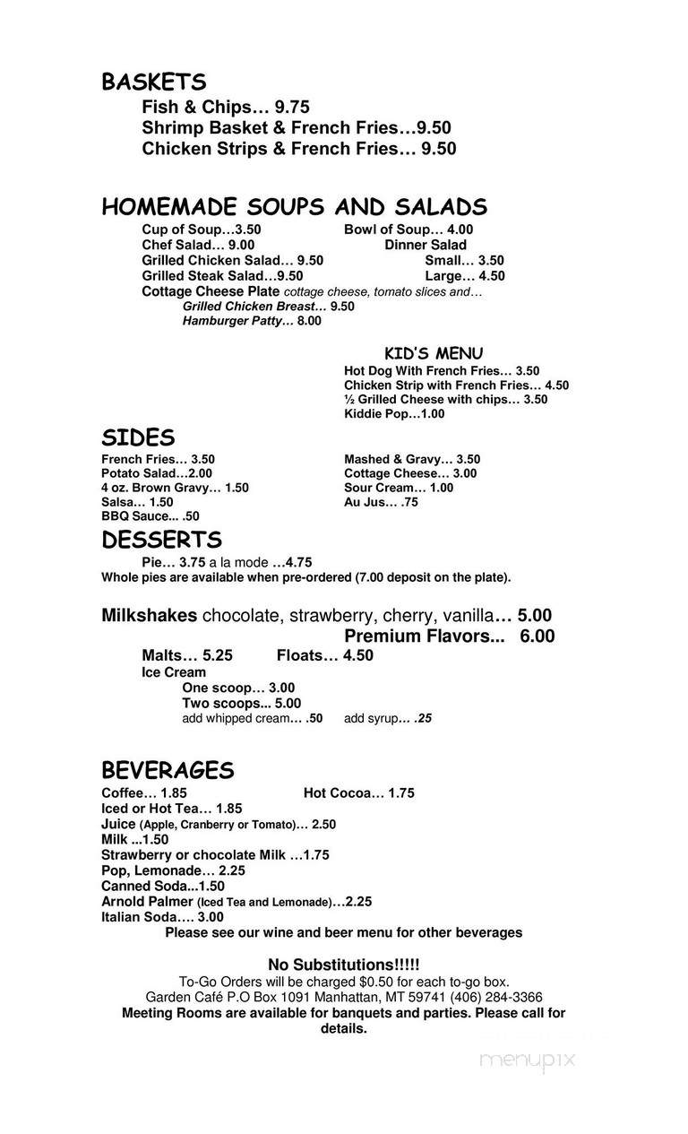 Garden Cafe - Manhattan, MT menu_pic