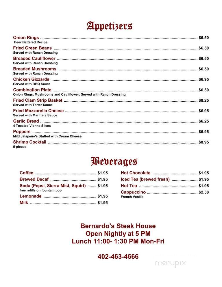 Bernardo's Steakhouse - Hastings, NE menu_pic