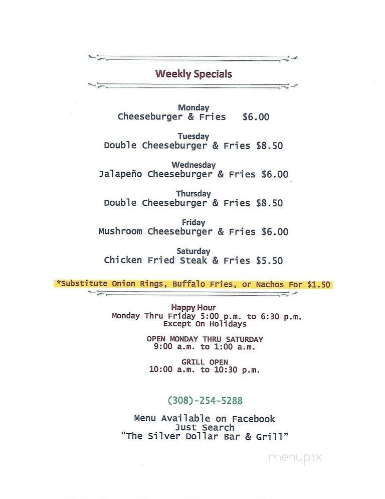 Silver Dollar Bar - Sidney, NE menu_pic