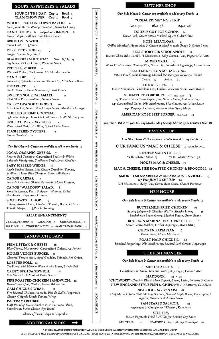 Menu of Canoe A Restaurant & Tavern in Center Harbor, NH 03226