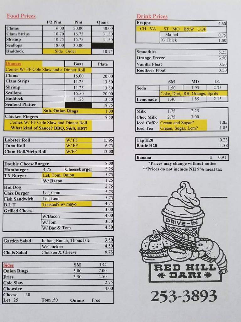 Red Hill Dairi - Moultonborough, NH menu_pic