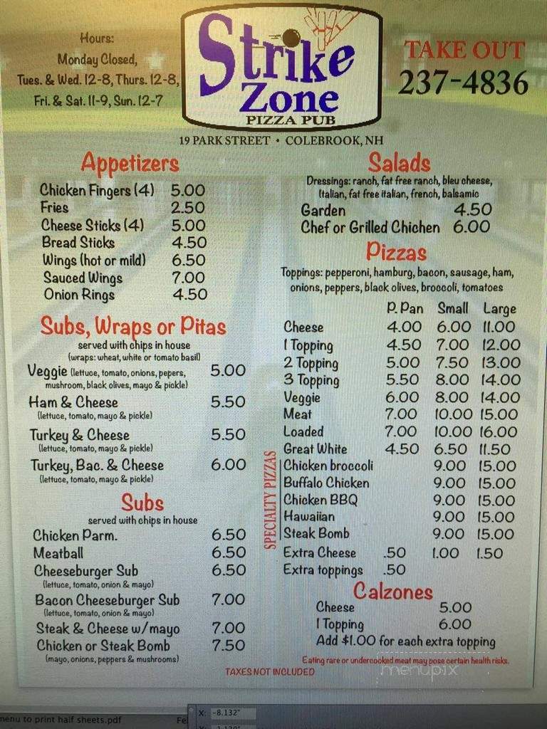 Spare Time Pizza Pub - Colebrook, NH menu_pic