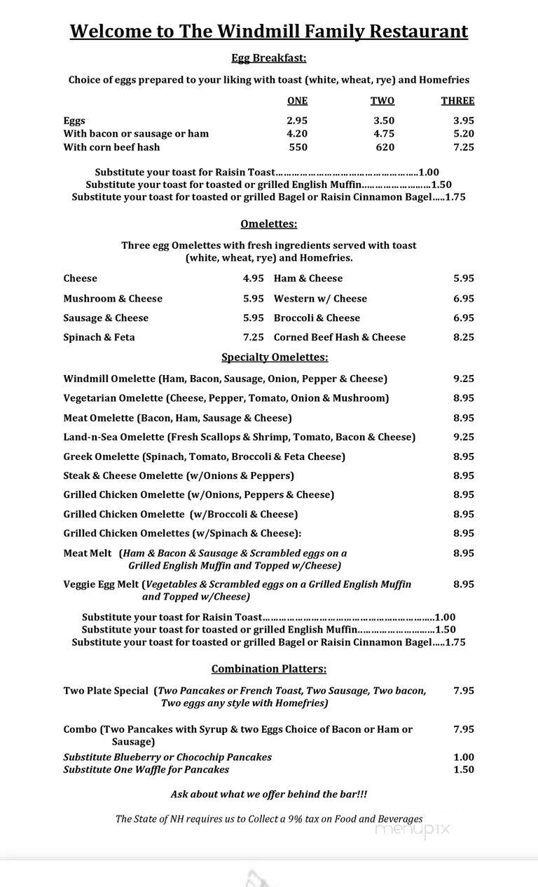 Windmill Family Restaurant - Concord, NH menu_pic