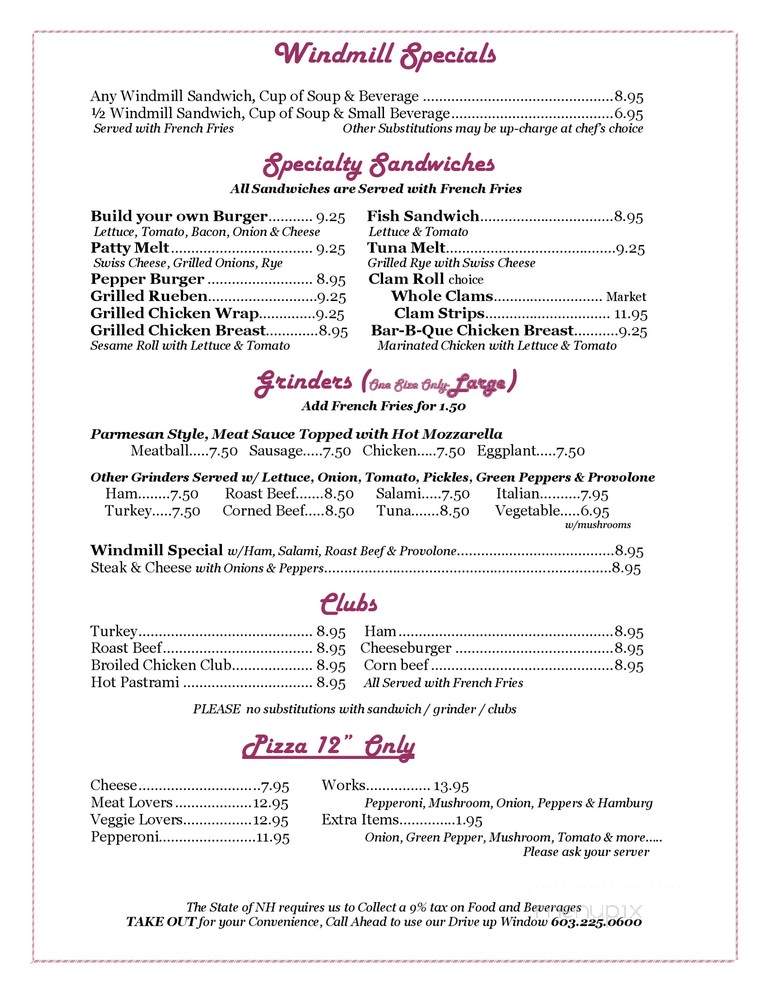 Windmill Family Restaurant - Concord, NH menu_pic