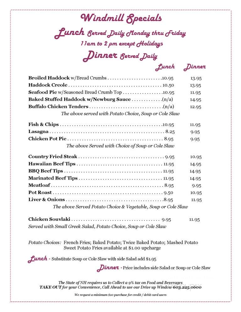 Windmill Family Restaurant - Concord, NH menu_pic