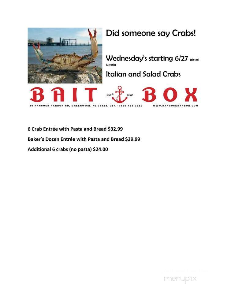 Bait Box Restaurant - Greenwich, NJ menu_pic