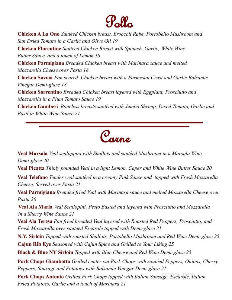 Onorosa Restorante - Glen Gardner, NJ menu_pic