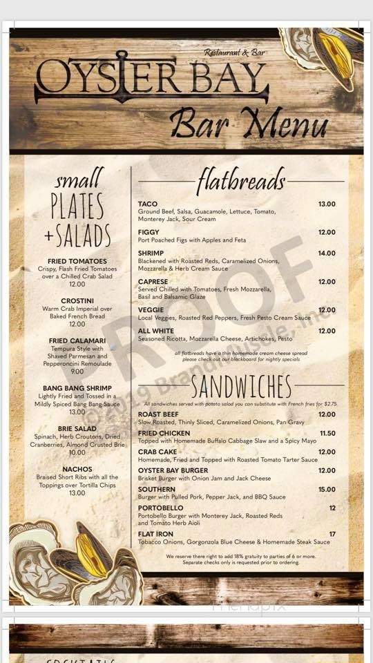 Menu of Oyster Bay Steak & Seafood in Cape May, NJ 08204