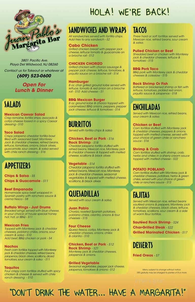 Juan Pablo's Marguerita Bar - Wildwood, NJ menu_pic