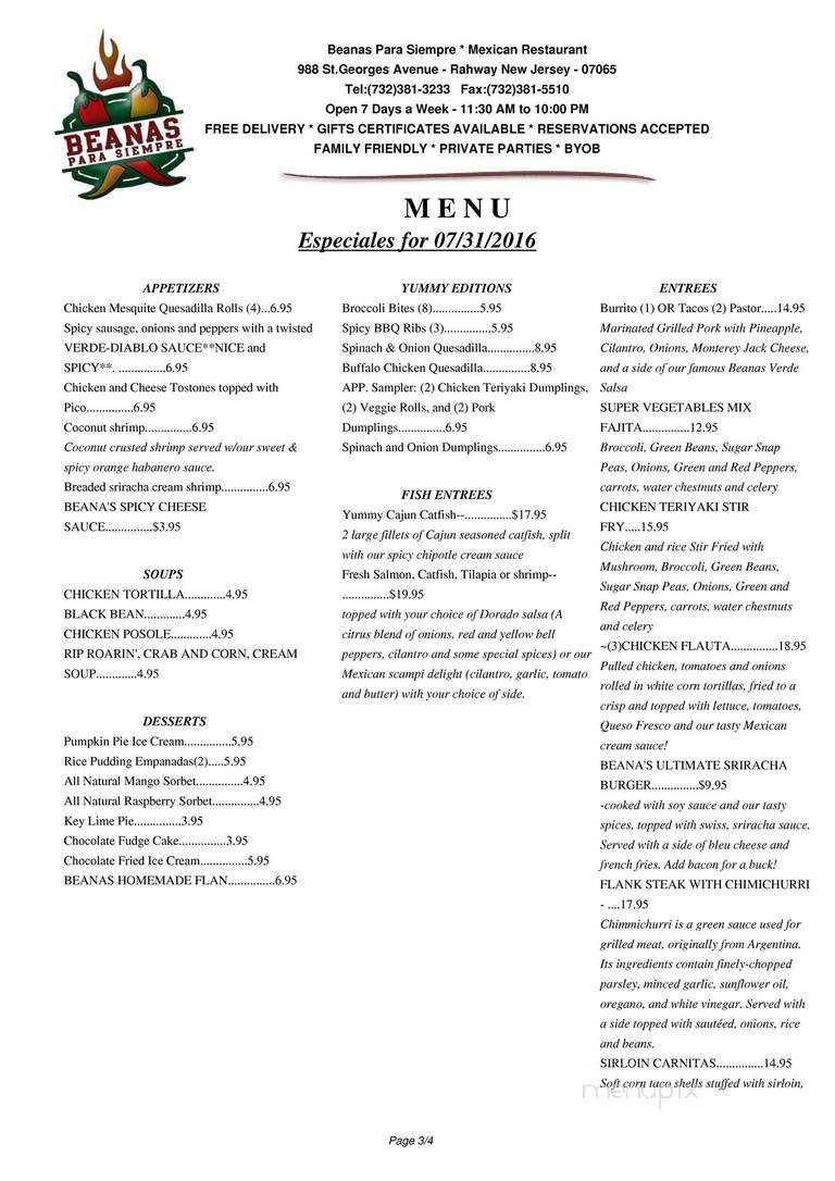 Beana's Mexican Restaurant - Rahway, NJ menu_pic