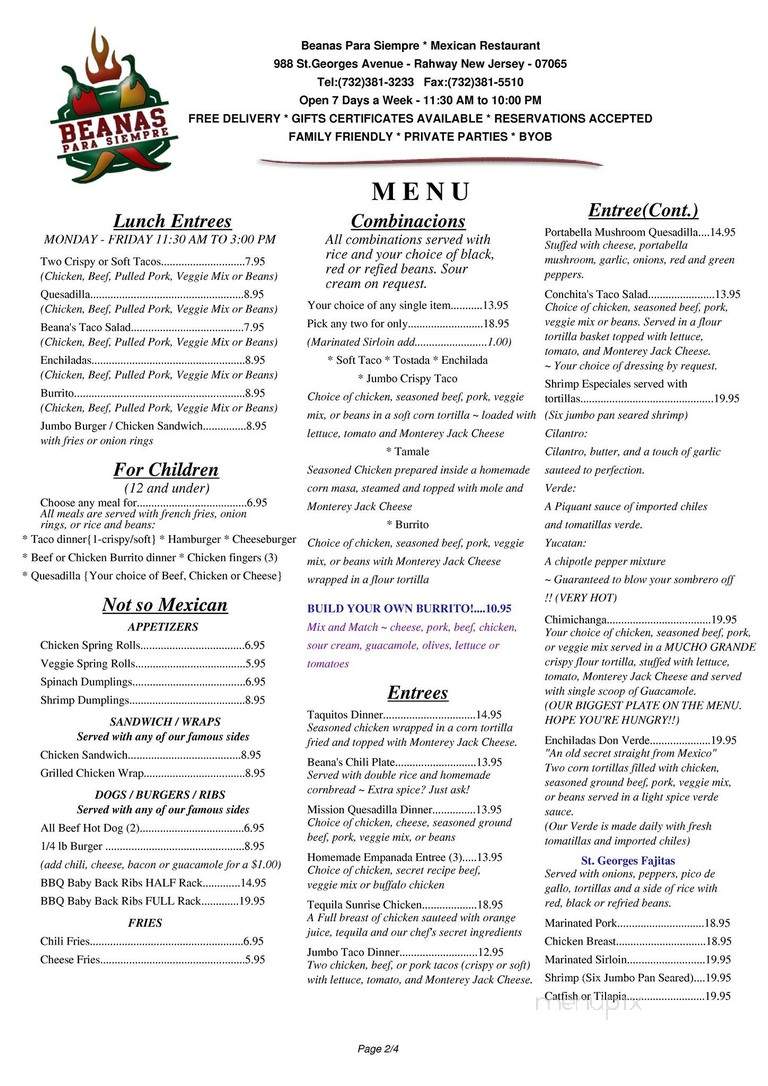 Beana's Mexican Restaurant - Rahway, NJ menu_pic