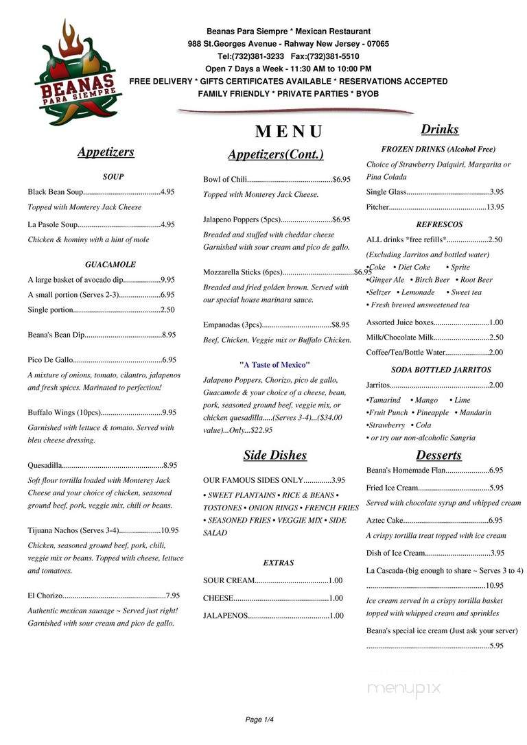 Beana's Mexican Restaurant - Rahway, NJ menu_pic