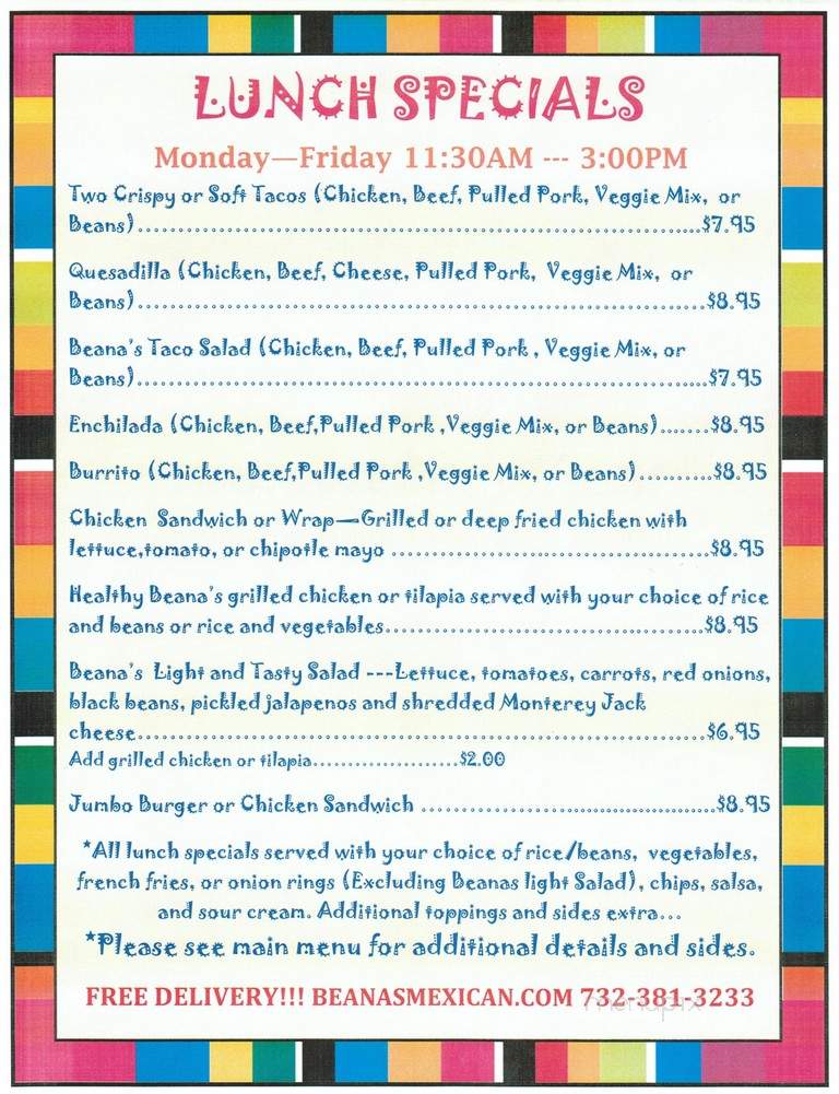 Beana's Mexican Restaurant - Rahway, NJ menu_pic
