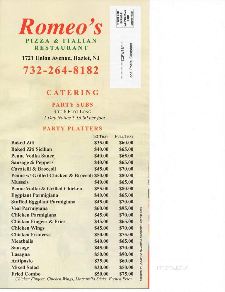 Romeo's Pizza & Restaurant - Hazlet, NJ menu_pic