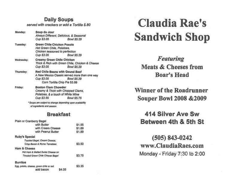 Claudia Rae's Sandwich Shop - Albuquerque, NM menu_pic