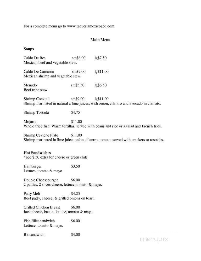 Taqueria Mexico - Albuquerque, NM menu_pic