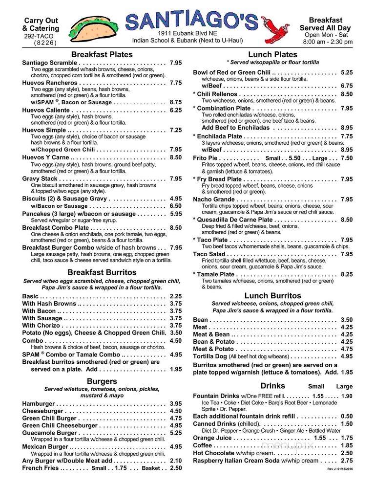 Santiago's New Mexican Grill - Albuquerque, NM menu_pic