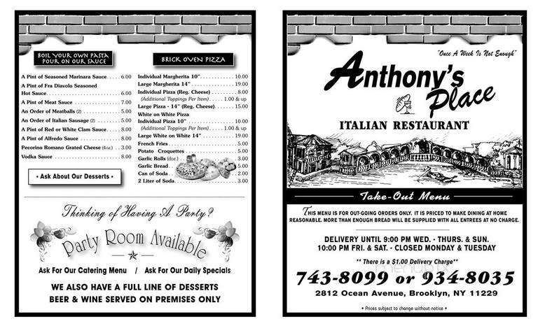 Anthony's Place - Brooklyn, NY menu_pic