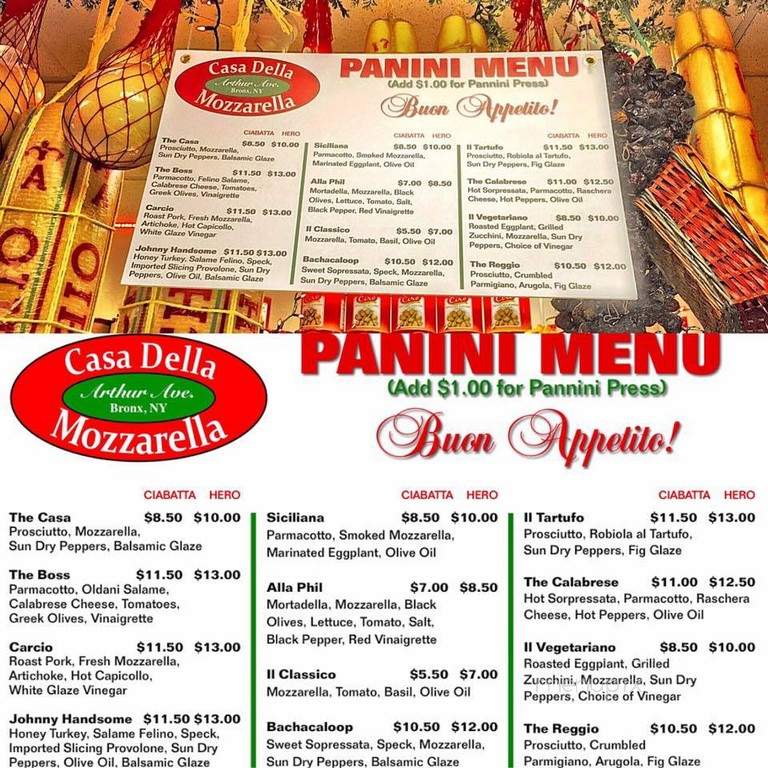 Menu of Casa Della Mozzarella Deli in Bronx, NY 10458