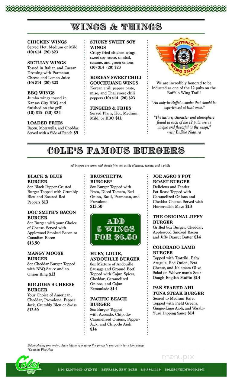 Cole's Restaurant - Buffalo, NY menu_pic