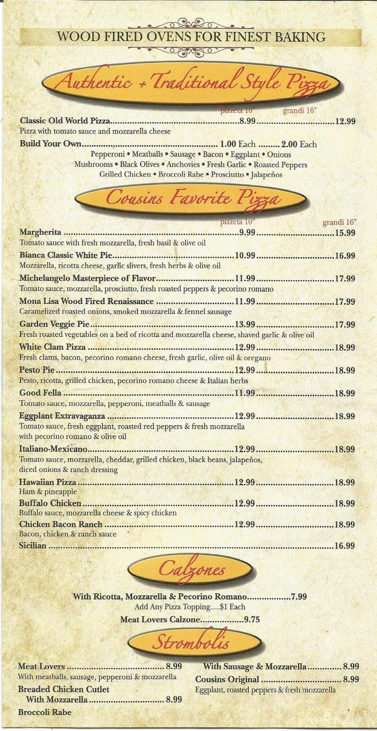 Cousin's Pizza - Wingdale, NY menu_pic
