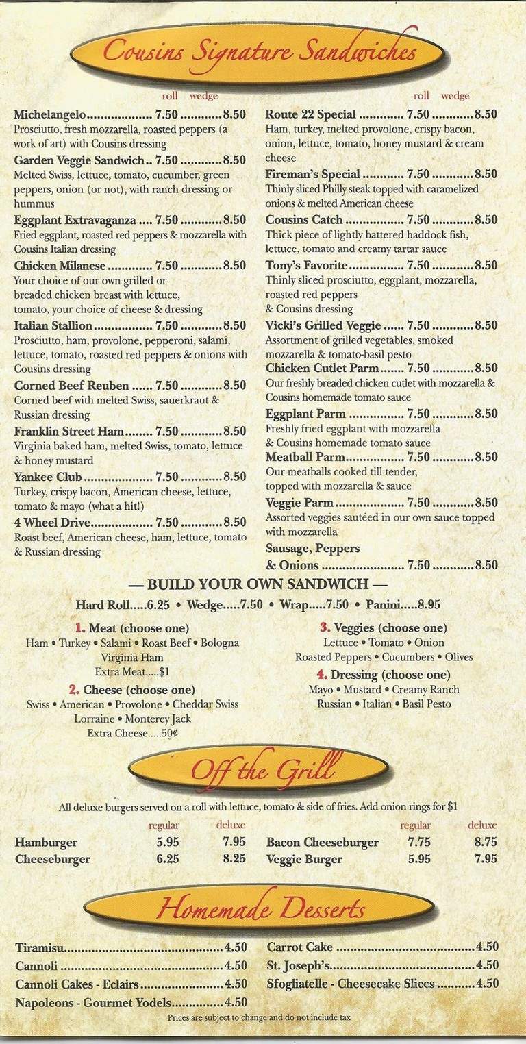 Cousin's Pizza - Wingdale, NY menu_pic