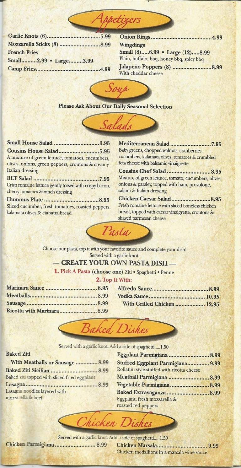 Cousin's Pizza - Wingdale, NY menu_pic