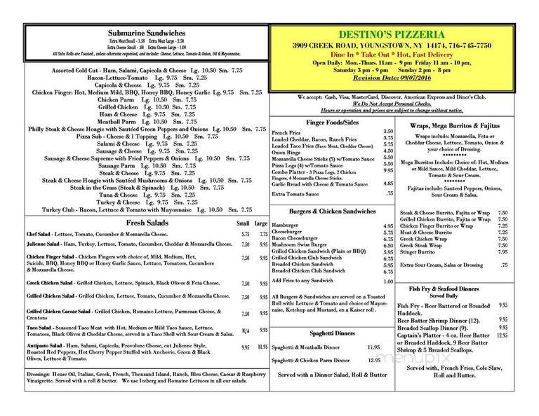 Destino's Pizzeria - Youngstown, NY menu_pic