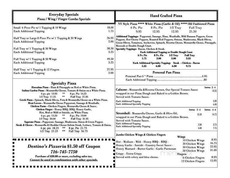 Destino's Pizzeria - Youngstown, NY menu_pic