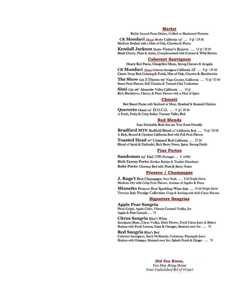 F H Riley Restaurant - Huntington, NY menu_pic
