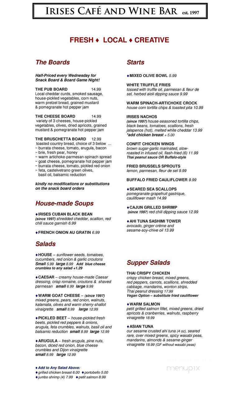 Irises Cafe & Wine Bar - Plattsburgh, NY menu_pic