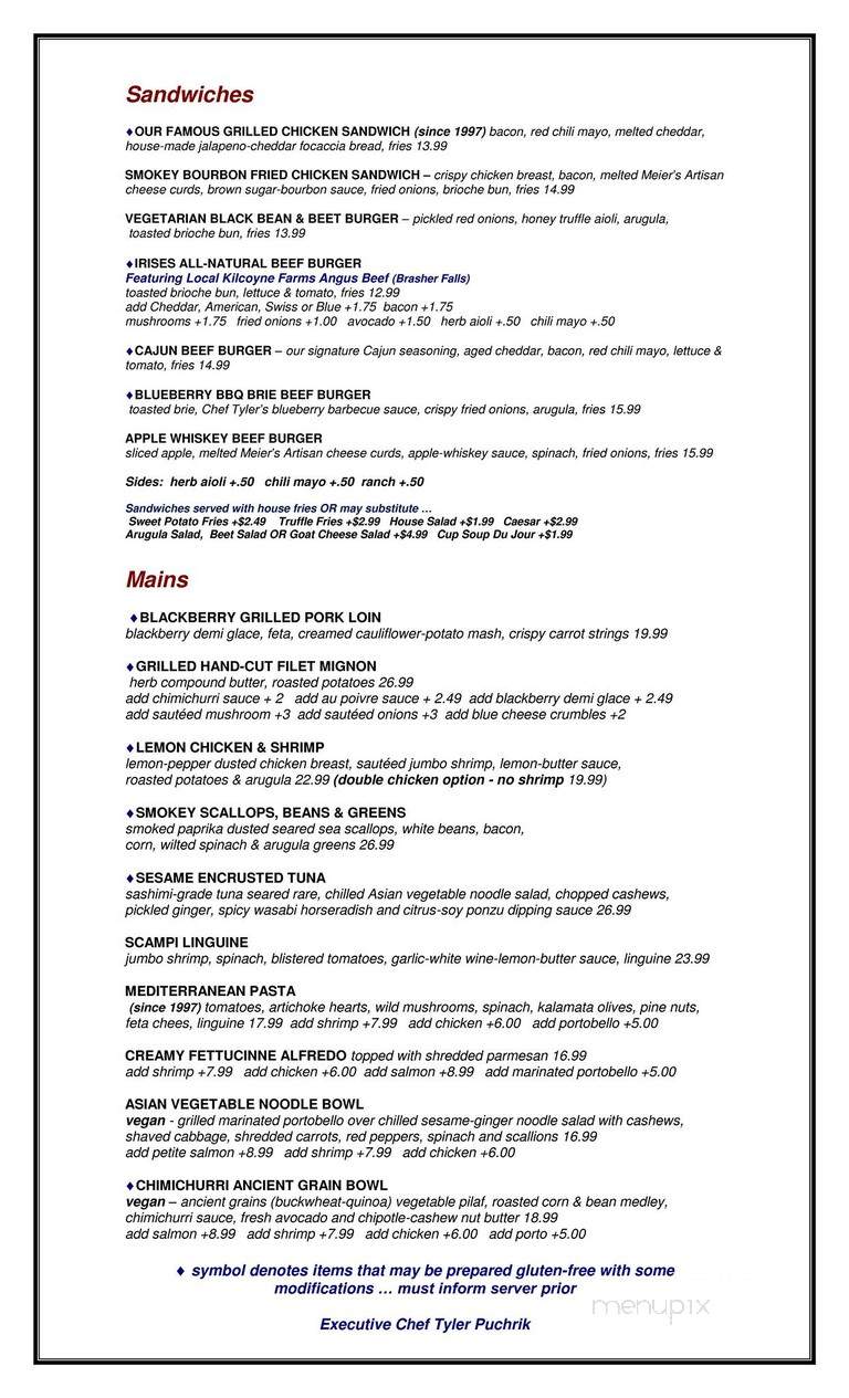Irises Cafe & Wine Bar - Plattsburgh, NY menu_pic