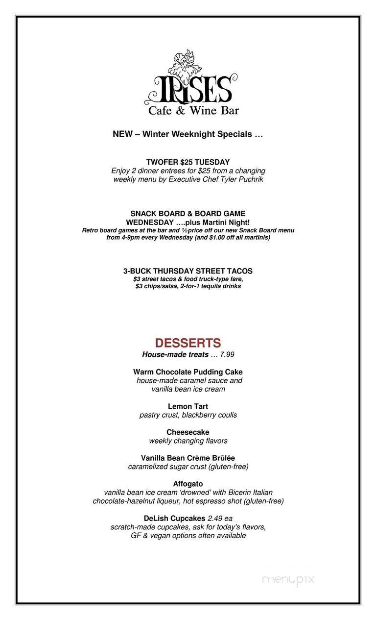Irises Cafe & Wine Bar - Plattsburgh, NY menu_pic