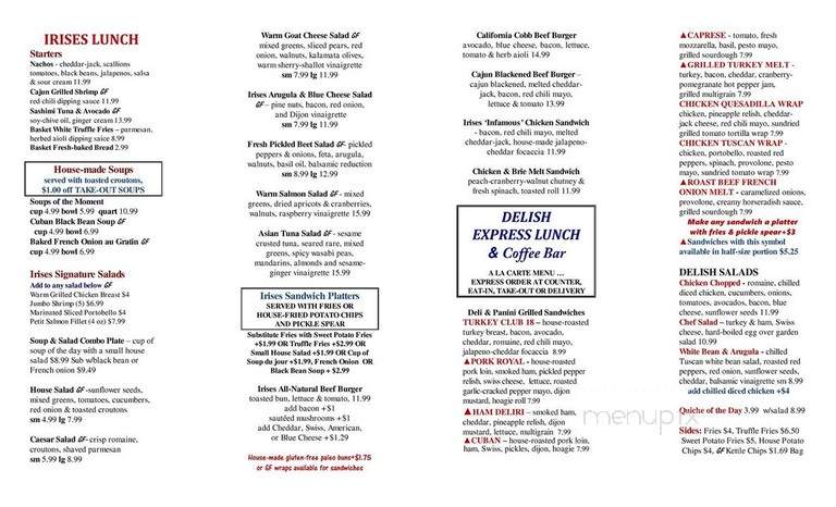 Irises Cafe & Wine Bar - Plattsburgh, NY menu_pic