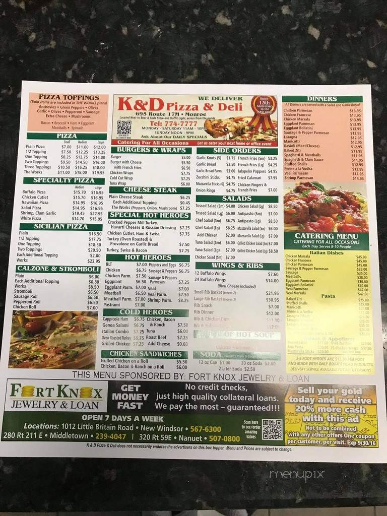 K & D Pizza & Deli - Monroe, NY menu_pic