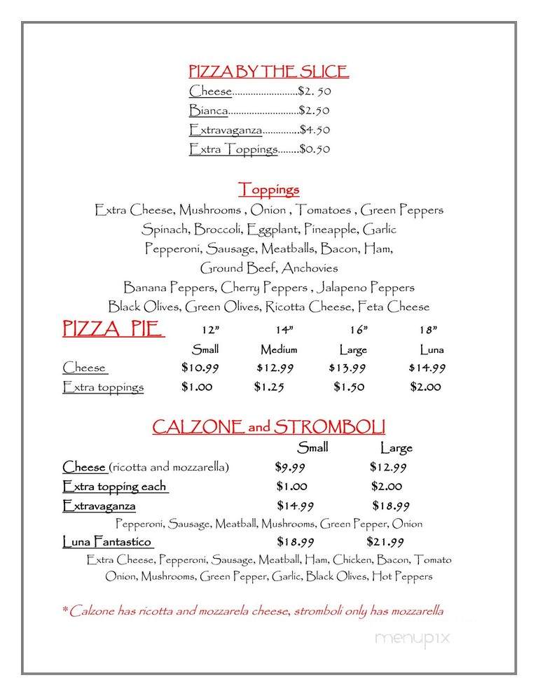Luna Pizza - Brooklyn, NY menu_pic