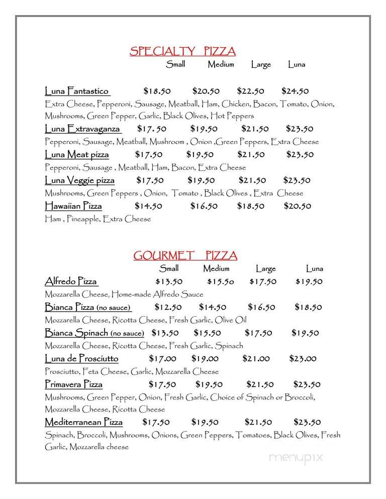 Luna Pizza - Brooklyn, NY menu_pic