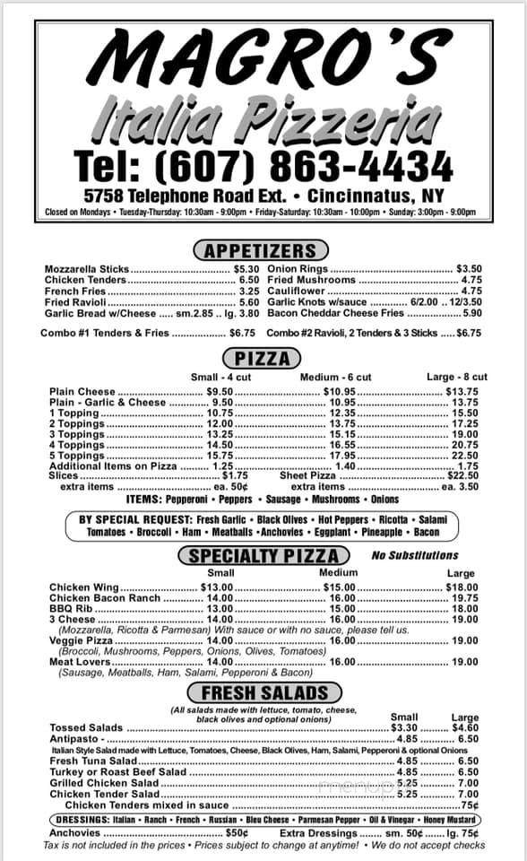 Magro's Italia Pizzeria - Cincinnatus, NY menu_pic