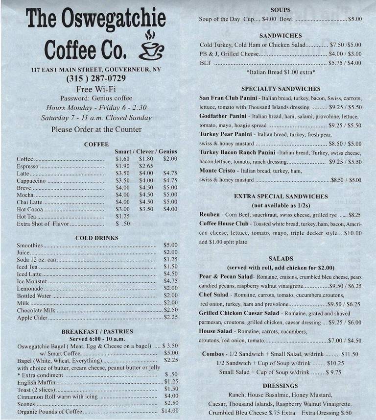 Oswegatchie Coffee Co - Gouverneur, NY menu_pic