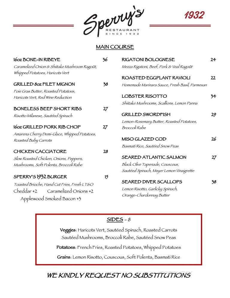 Sperry's Restaurant - Saratoga Springs, NY menu_pic
