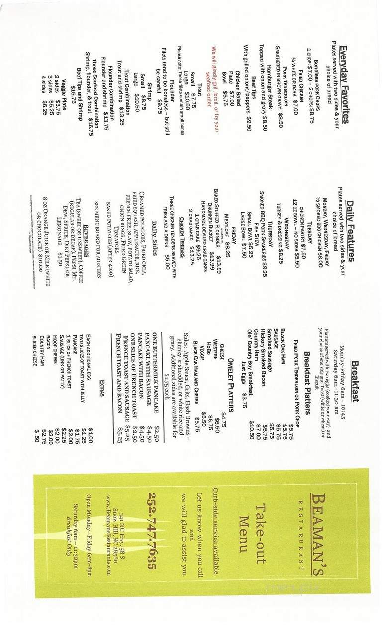 Beaman's - Snow Hill, NC menu_pic