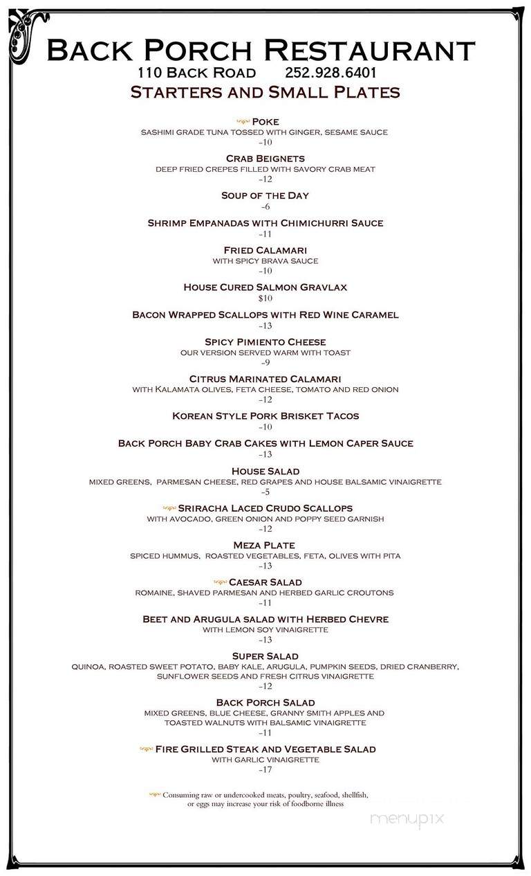 Back Porch Restaurant - Ocracoke, NC menu_pic