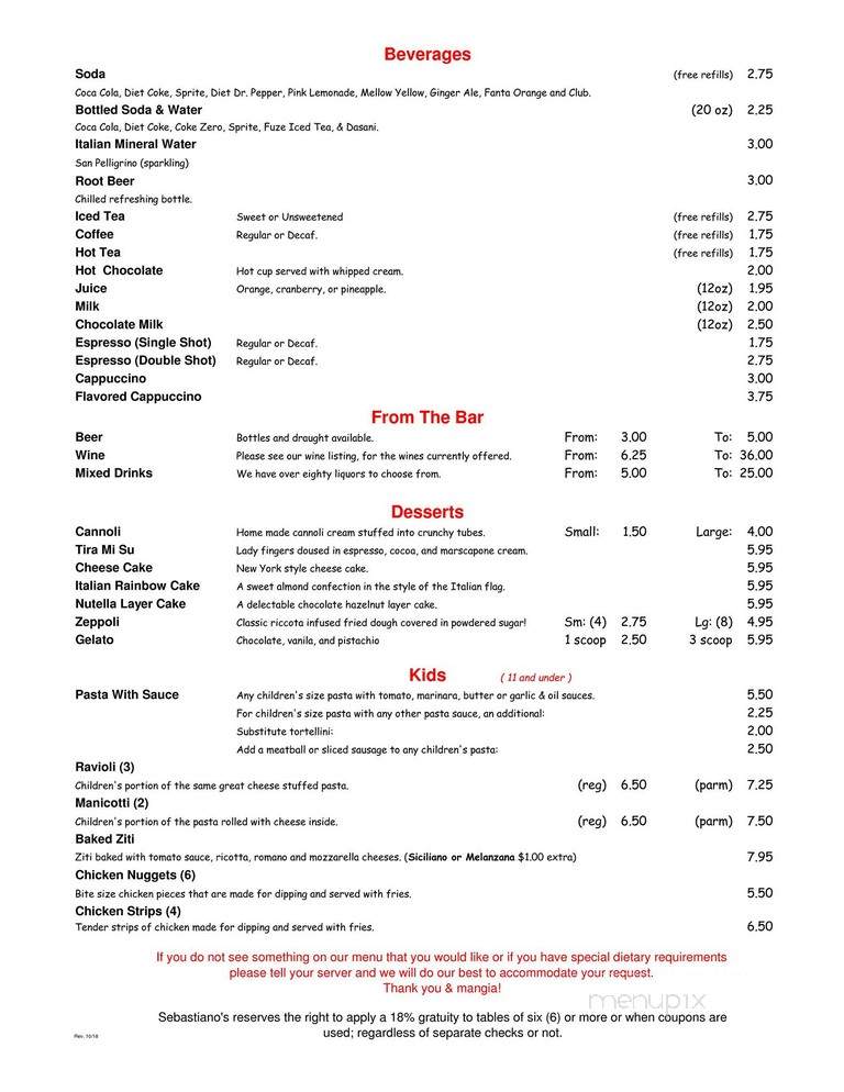 Sebastiano's Pizzeria - Mooresville, NC menu_pic
