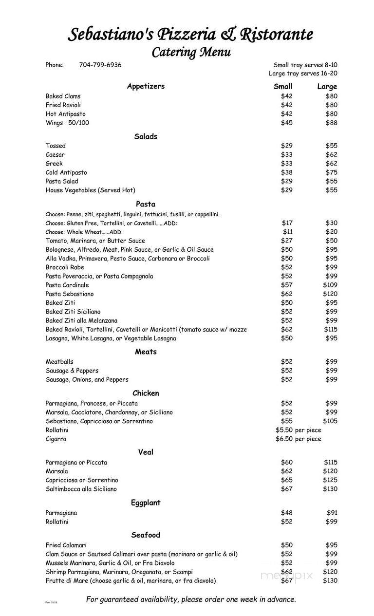 Sebastiano's Pizzeria - Mooresville, NC menu_pic