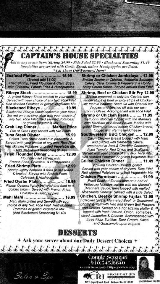 Marina Cafe & Marina - Jacksonville, NC menu_pic