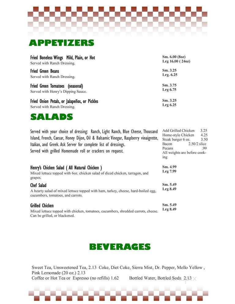 Henry's Uptown Cafe - Rockingham, NC menu_pic