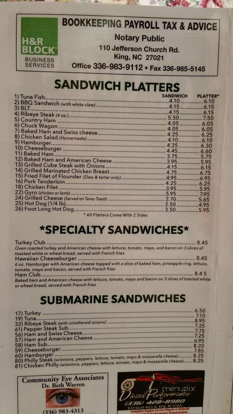 P B Clark's Family Restaurant - King, NC menu_pic