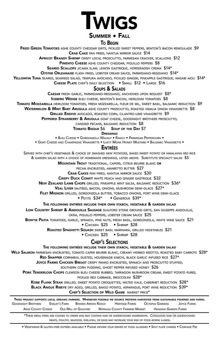 Twig's - Blowing Rock, NC menu_pic