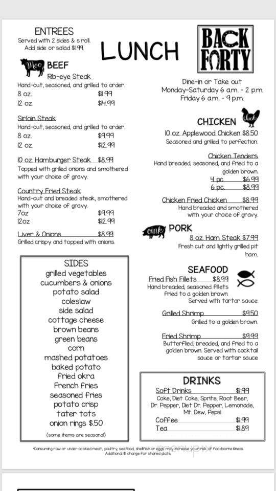 Back Forty Restaurant - Colcord, OK menu_pic
